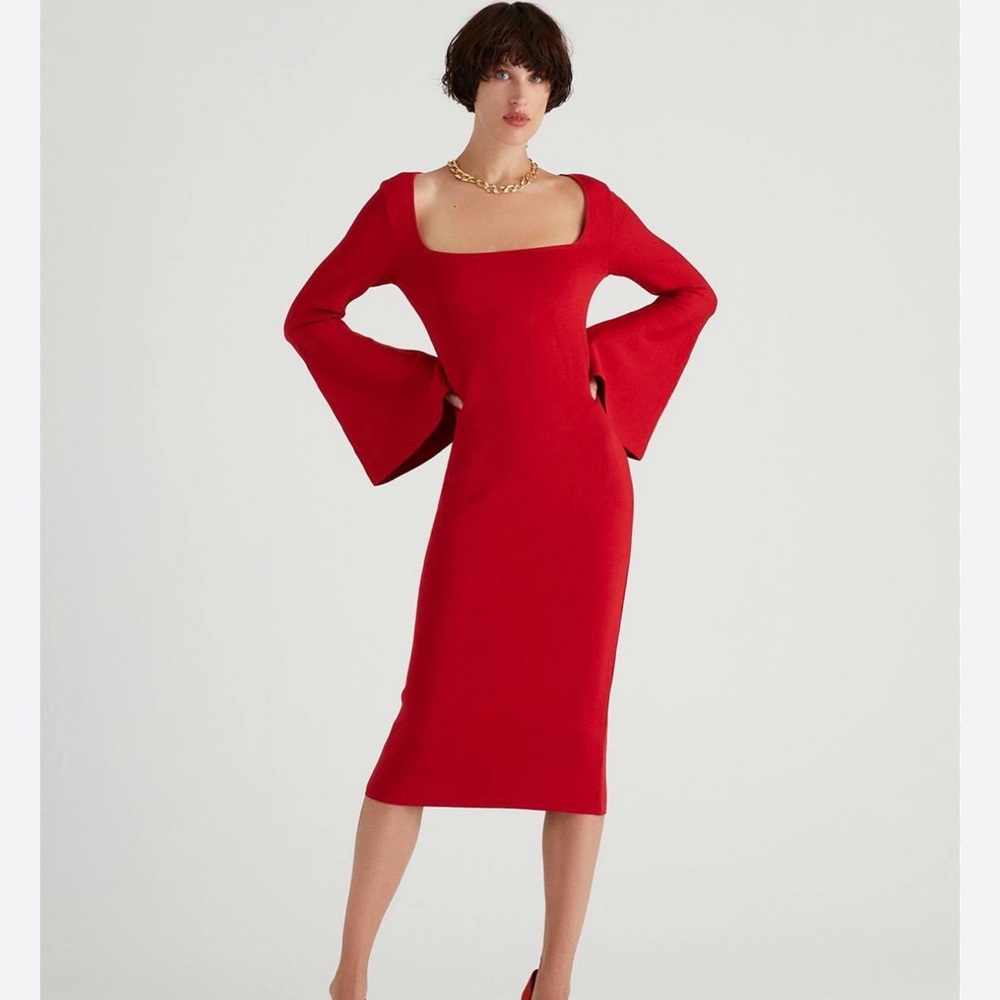 Red Square-Neck Long Sleeve Dress